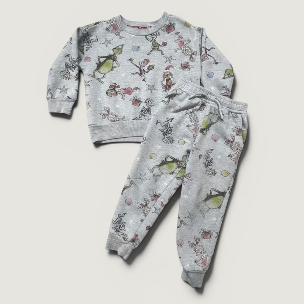 Dr Seuss Grinch Sweatshirt Jogger Set Toddler 3T Grey All Over Print
